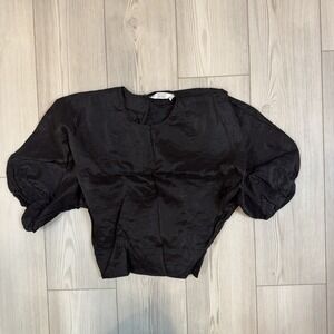 & Other Stories Women's 4 Black‎ Voluminous Puff Sleeve Smocked Crop Blouse Top